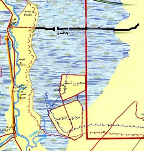 جاده الحچرده معروف به خندق در آبهای هورالعظیم که بعد از عملیات بدر به سواحل ایران متصل شد
