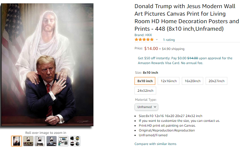  تابلویی برای فروش در آمازون: عیسی مسیح دست بر شانه ترامپ گذاشته