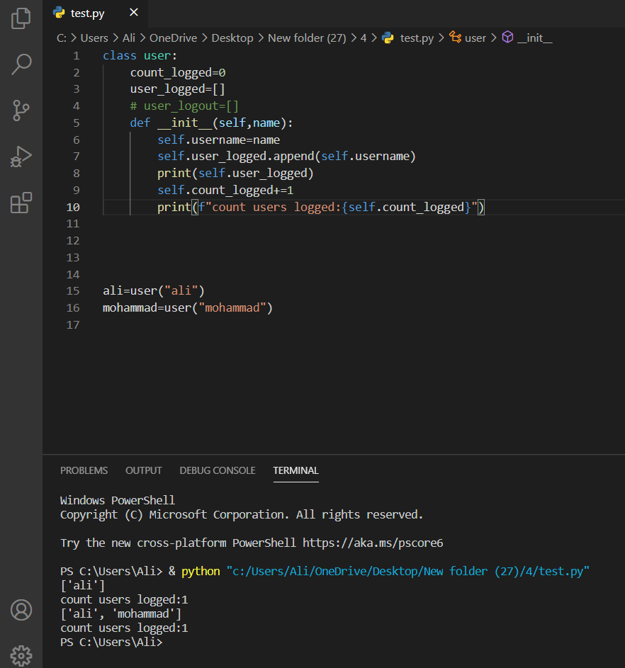 2021 03 28 12 00 48 test py Visual Studio Code - فرق بین کد self در فانکشن اینشیالایز در کلاس با کد نام خود کلاس
